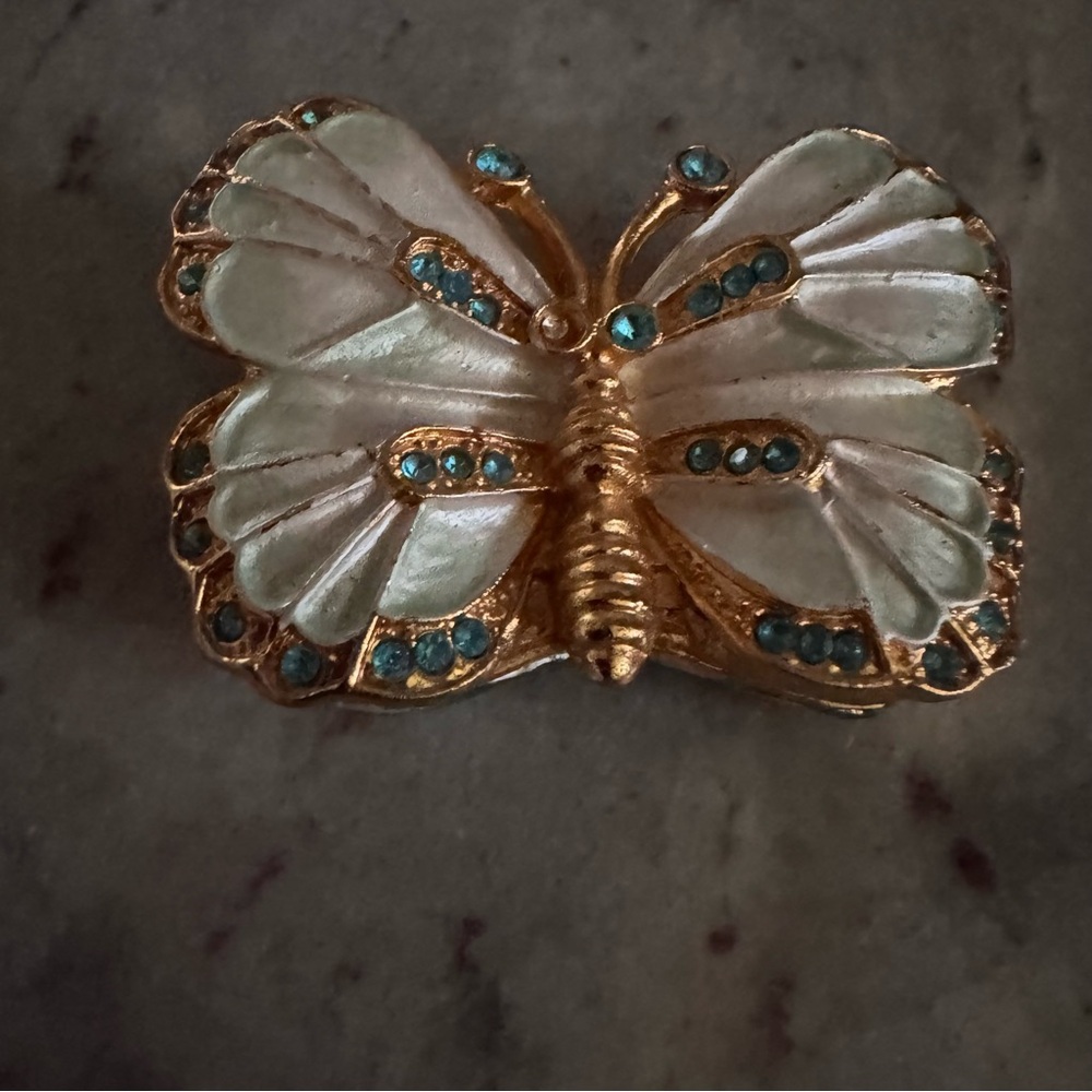 white and turquoise butterfly with gold trim crystals trinket box